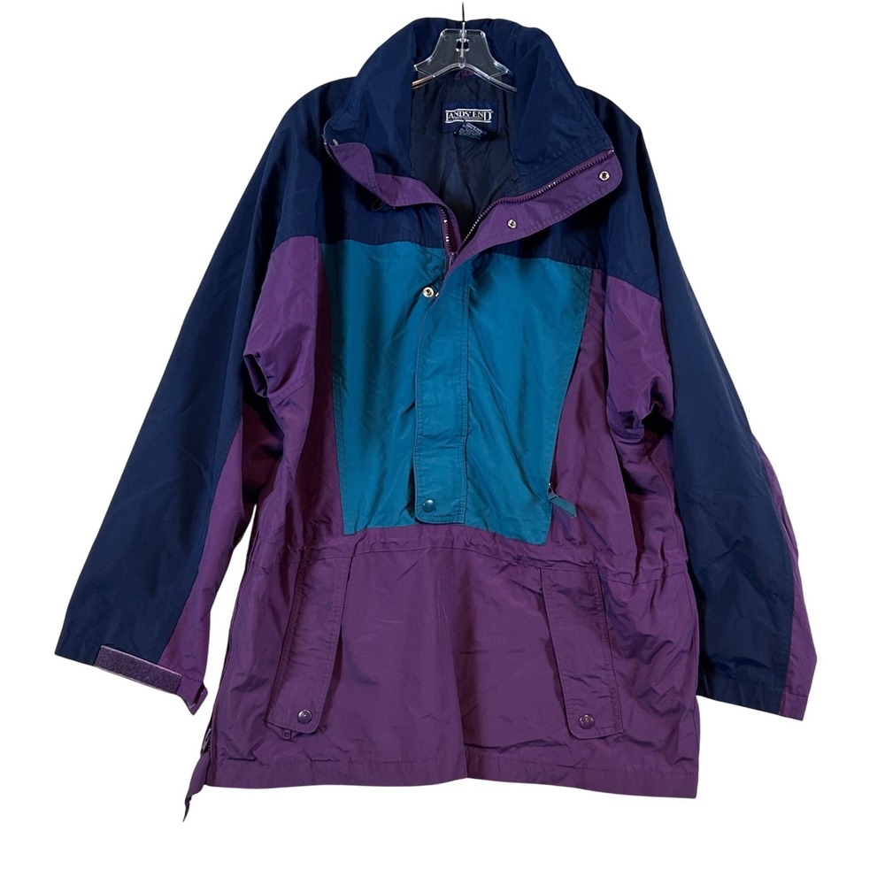 Lands End Vintage 90s Colorblock Jacket Purple Retro Windbreaker Vented Mens •L•
